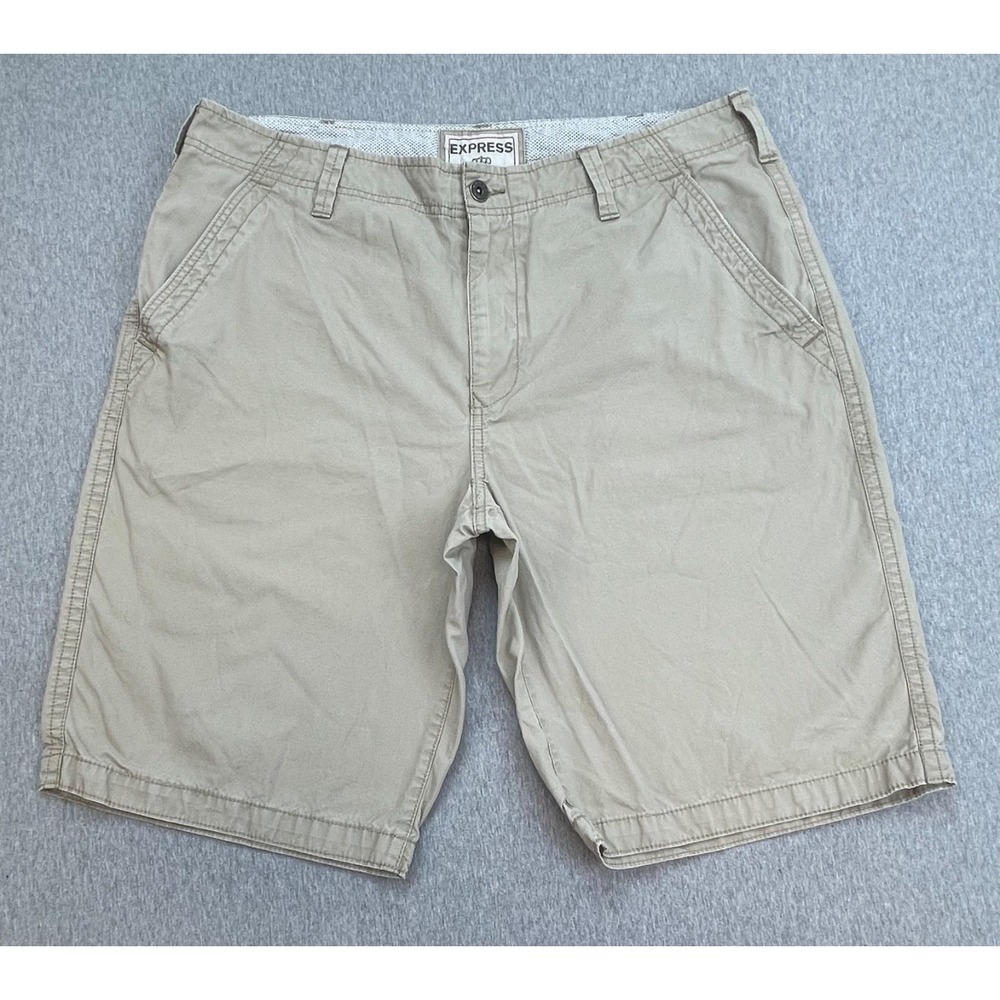 Express Shorts Mens 36 Beige 100% Cotton Front Flat Chino 11" Inseam